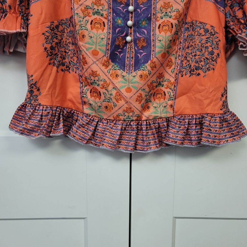 SHEIN Floral Print Puff Sleeve Square Neck Button Front Ruffle Hem Blouse, large - Picture 3 of 11